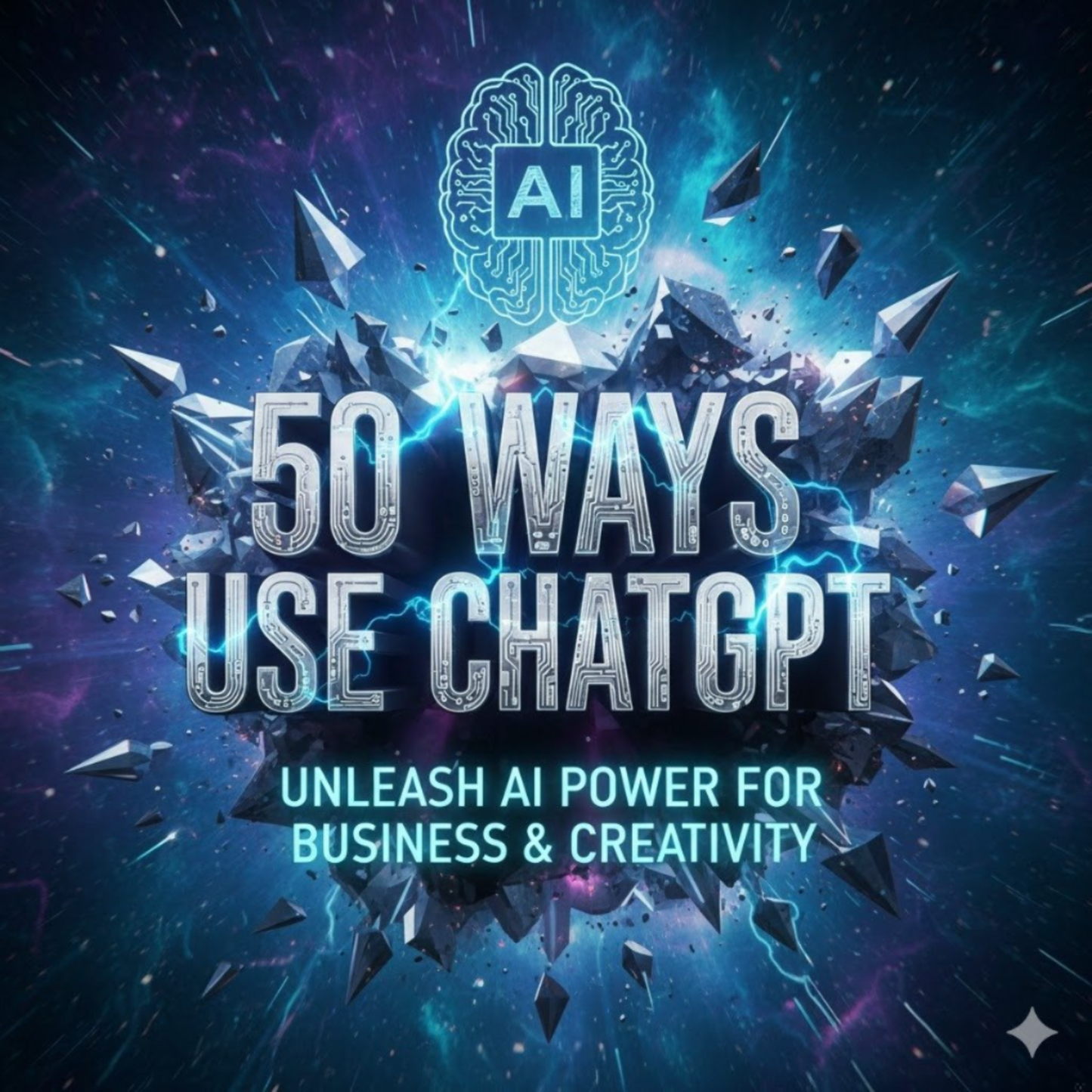 Promotional graphic for '50 Ways to Use ChatGPT' with AI brain icon and futuristic design.