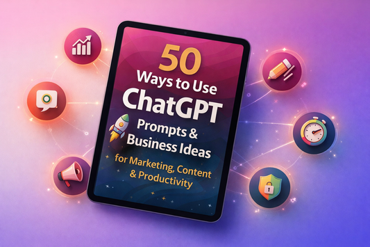 Book titled '50 Ways to Use ChatGPT Prompts & Business Ideas' on a colorful background with icons.