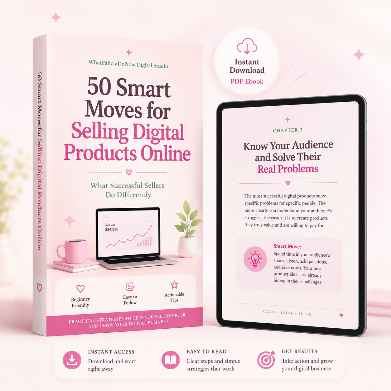 50 Smart Moves for Selling Digital Products Online PDF ebook mockup for beginner digital product sellers