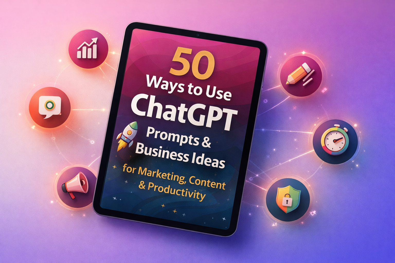 Book titled '50 Ways to Use ChatGPT Prompts & Business Ideas' on a colorful background with icons.