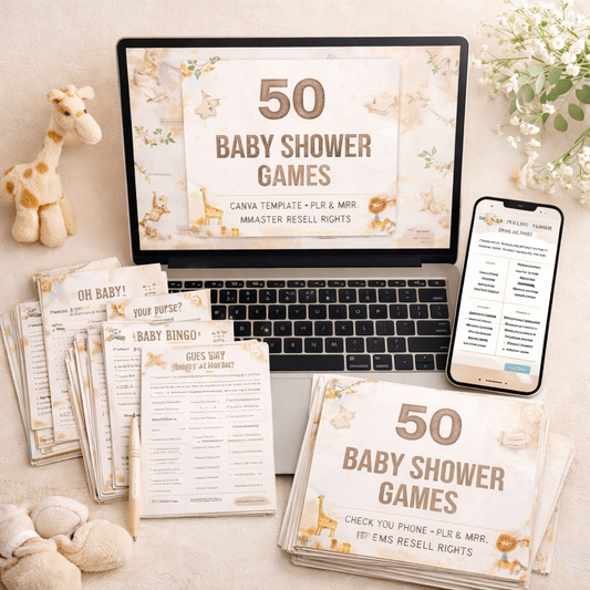 50 Baby Shower Games, Canva Template | PLR & MRR | Master Resell Rights