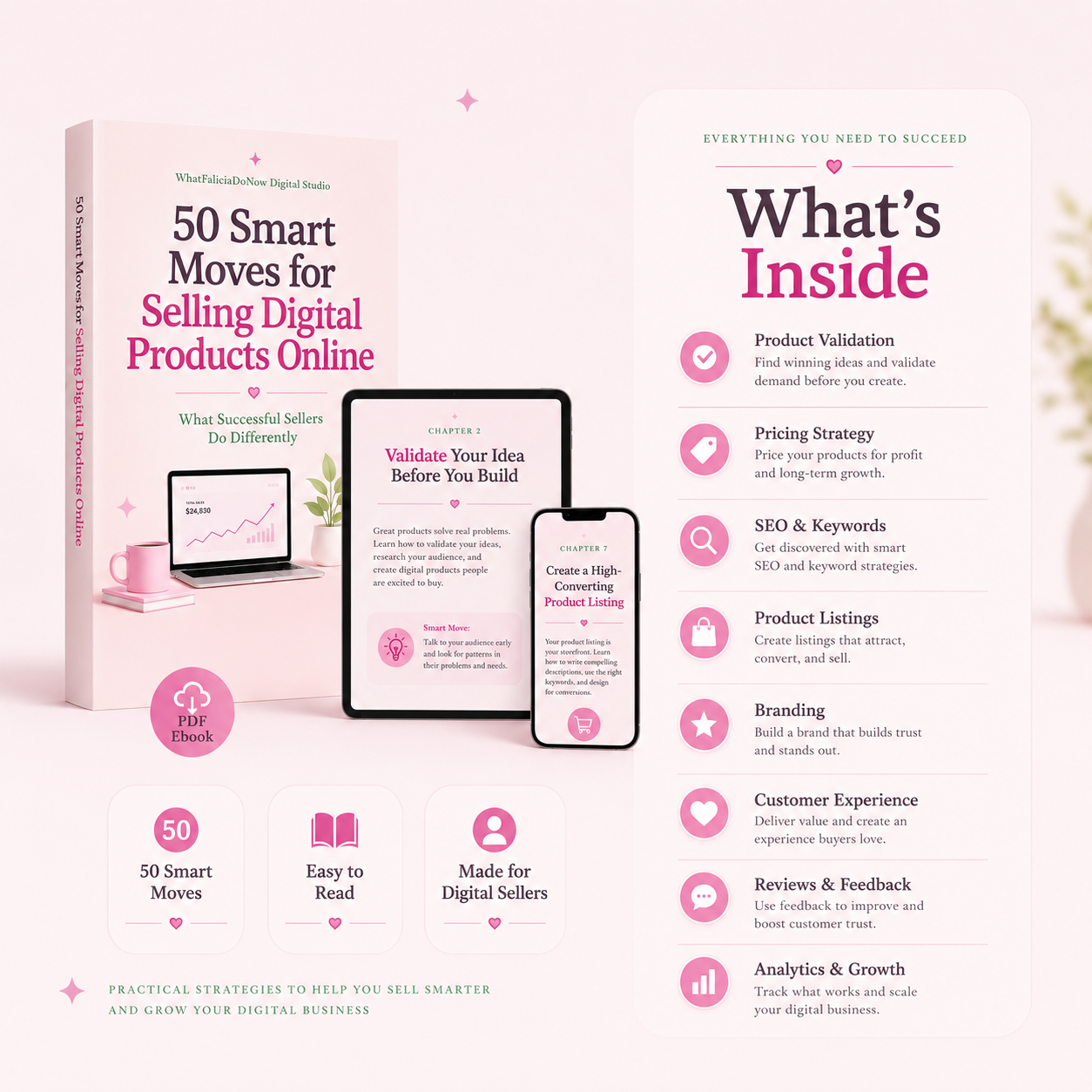 What’s inside digital product selling ebook with SEO, pricing, listings, branding, and customer experience tips