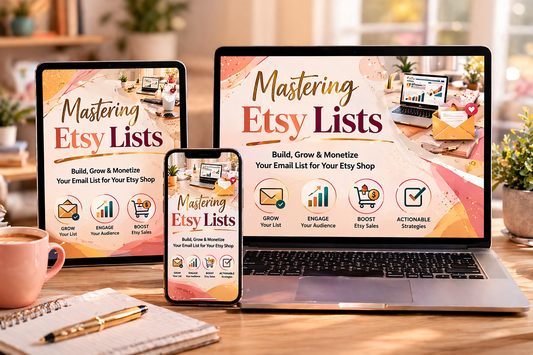 Digital Ebooks, Guided Learning, Laptop, tablet, and smartphone displaying 'Mastering Etsy Lists' on a wooden desk.