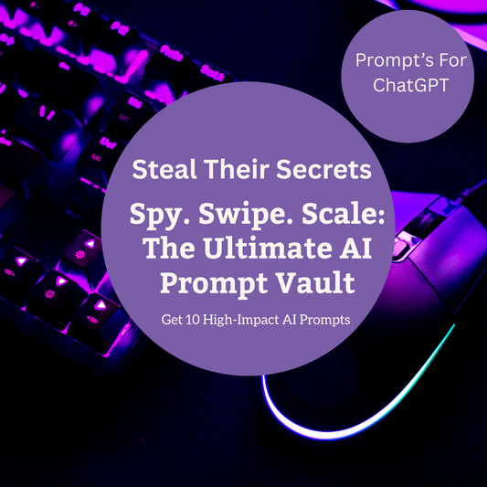 ChatGPT prompt pack

AI prompts for business

ChatGPT for content creators

Digital marketing prompts

ChatGPT prompt download

Productivity prompts

Competitor analysis prompts

Growth hacking ChatGPT

Social media AI prompts

Prompt vault