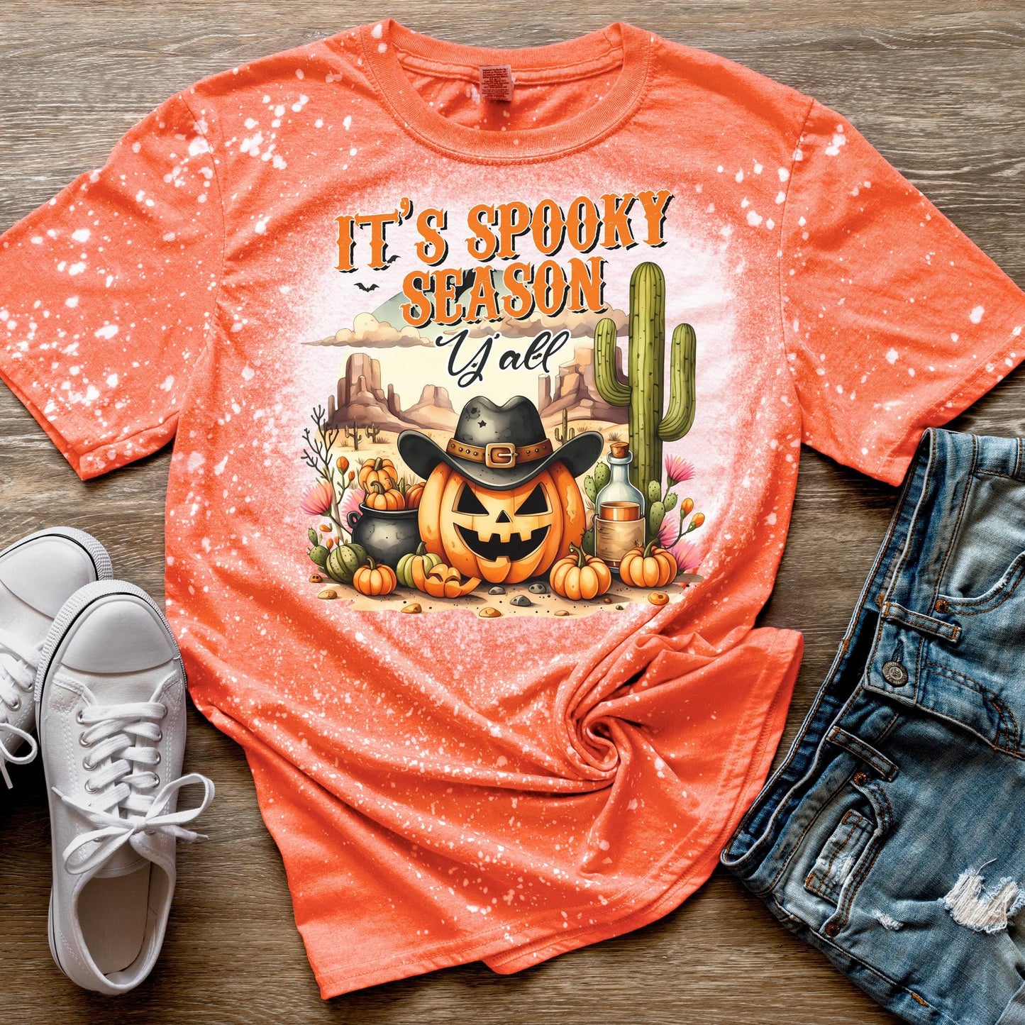 Halloween Shirt, It's Spooky Season, Bleached Funny Halloween T-Shirt, Handmade Pumpkin Shirt