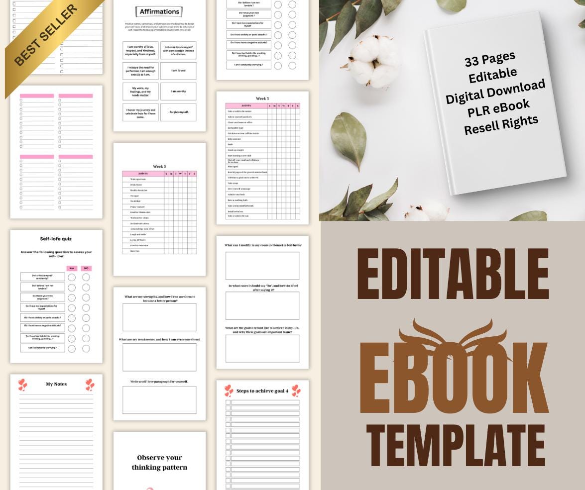 Self-Love eBook Template – Editable Canva + PLR | Self-Care Workbook for Coaches, Bloggers & Etsy Sellers